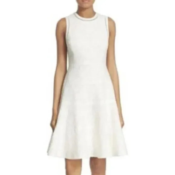 Rebecca Taylor Jacquard Knit Sleeveless White Tonal Floral Fit & Flare Dress 4 - Picture 3 of 15